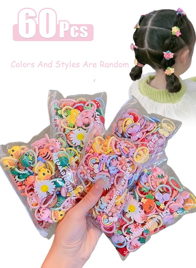 60 قطعة من ربطات شعر الأطفال، ربطات شعر مطاطية صغيرة، بتصاميم كرتونية للفواكه والزهور، إكسسوارات شعر للفتيات الصغيرات، ناعمة وخالية من المعادن، لا تتلف الشعر، مناسبة للارتداء اليومي (الألوان والأنماط عشوائية). - Image 1