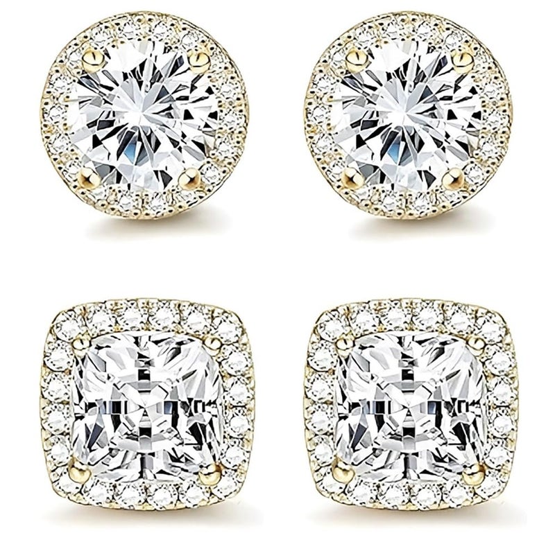 CCBFY 18K White Gold Plated Round Square Cubic Zirconia Simulated Diamond Halo Stud Earrings 2 pairs Set (gold) - Image 2