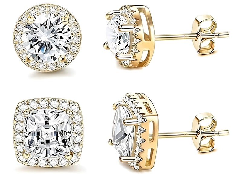 CCBFY 18K White Gold Plated Round Square Cubic Zirconia Simulated Diamond Halo Stud Earrings 2 pairs Set (gold) - Image 1