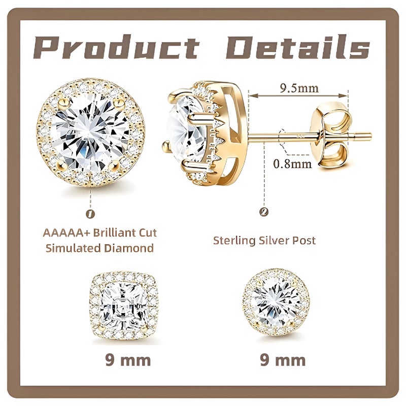 CCBFY 18K White Gold Plated Round Square Cubic Zirconia Simulated Diamond Halo Stud Earrings 2 pairs Set (gold) - Image 5