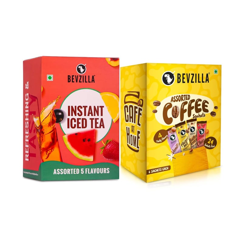 Bevzilla Instant Iced Tea Sachets Assorted 5 Flavours (30g Each)|Perfect for Summers Refreshment + 24 Instant Coffee Powder Sachets (4 Assorted Flavours) - Ideal for Espresso, Latte & Cappuccino - Image 1