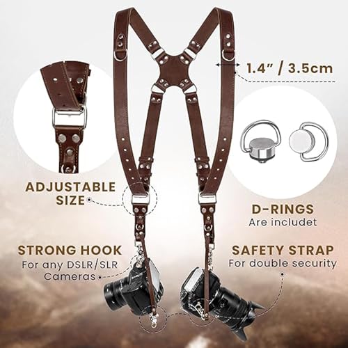 coku Dual Camera Leather Strap Adjustable DSLR/SLR Camera Belt Dual Shoulder Camera Harness Accessories for Two Cameras Multi Camera Gear for Photographers |Quick Release, Universal Fit (Brown) - Image 2