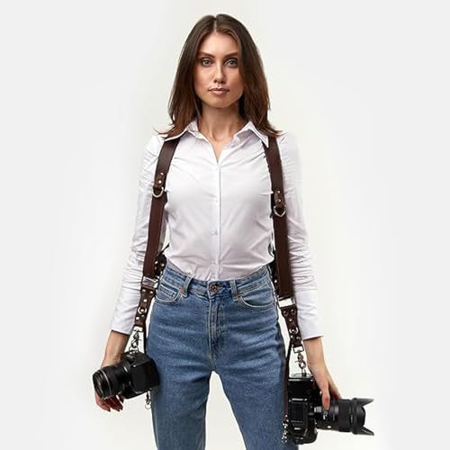 coku Dual Camera Leather Strap Adjustable DSLR/SLR Camera Belt Dual Shoulder Camera Harness Accessories for Two Cameras Multi Camera Gear for Photographers |Quick Release, Universal Fit (Brown) - Image 5