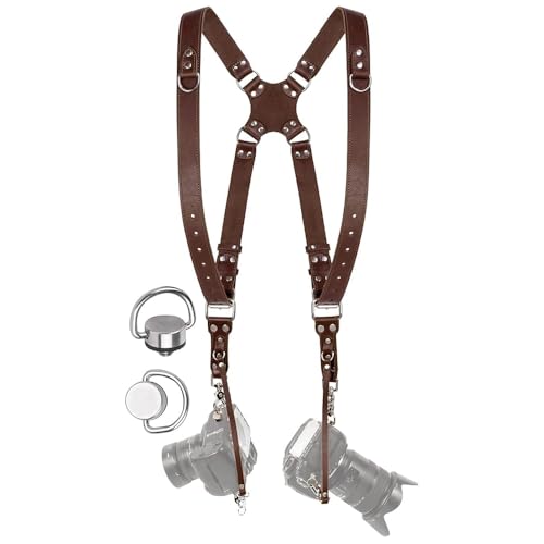 coku Dual Camera Leather Strap Adjustable DSLR/SLR Camera Belt Dual Shoulder Camera Harness Accessories for Two Cameras Multi Camera Gear for Photographers |Quick Release, Universal Fit (Brown) - Image 1