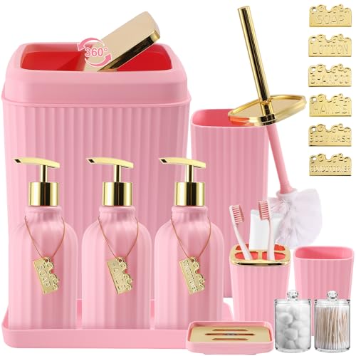 WSBArt 17PCS Bathroom Accessory Set Pink Bathroom Set Bathroom AccessoriesToilet Brush Trash Can Qtip Holder Dispenser 3PCS Soap Dispenser - Image 1