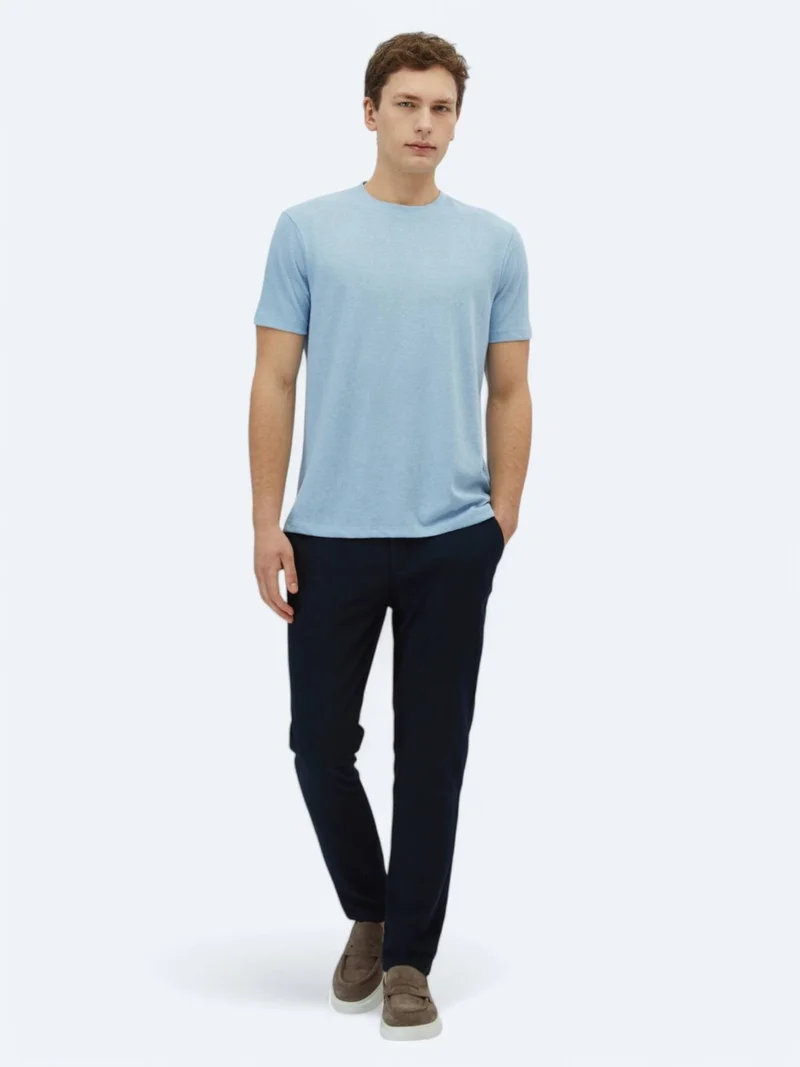 Kip Blue Plain Crew Neck Cotton Blended T-Shirt