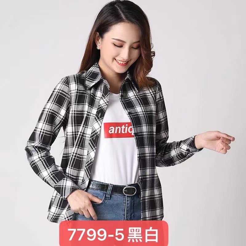 Plaid shirt long sleeve 2024 spring and summer New plus size students Korean version loose suit shirt sunscreen coat 7799-5 black and white