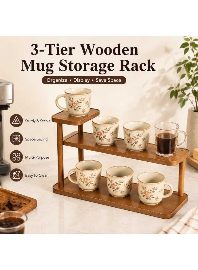 ALMiHomi 3 Tier Wooden Mug Rack 50x14x20cm, Coffee Station Organizer, Coffee Cup Storage Rack for Kitchen Countertop and Coffee Bar - Image 2