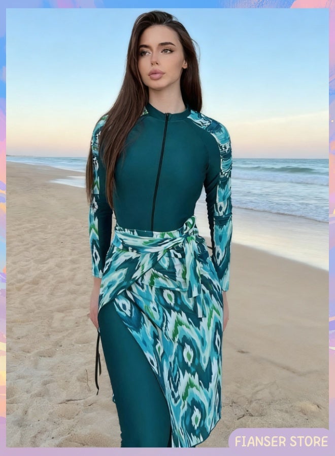 فيانسر بوركيني ملابس سباحة طقم مكوّن من 3 قطع أكمام طويلة مع تنورة ملفوفة تغطية كاملة أزياء محتشمة بطبعة خضراء محتشم إسلامي للمسلمات كلاسيكي ملابس عربية حماية من أشعة الشمس فوق البنفسجية بدلة غوص بدلة ركوب الأمواج سريع الجفاف ملابس شاطئ زي سباحة شيفون بسحاب بنطال طويل مع رباط خصر - Image 2