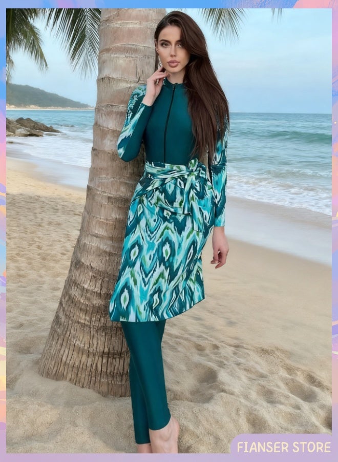 فيانسر بوركيني ملابس سباحة طقم مكوّن من 3 قطع أكمام طويلة مع تنورة ملفوفة تغطية كاملة أزياء محتشمة بطبعة خضراء محتشم إسلامي للمسلمات كلاسيكي ملابس عربية حماية من أشعة الشمس فوق البنفسجية بدلة غوص بدلة ركوب الأمواج سريع الجفاف ملابس شاطئ زي سباحة شيفون بسحاب بنطال طويل مع رباط خصر - Image 3