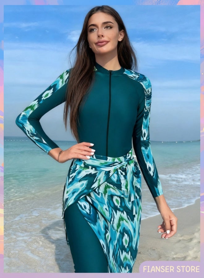 فيانسر بوركيني ملابس سباحة طقم مكوّن من 3 قطع أكمام طويلة مع تنورة ملفوفة تغطية كاملة أزياء محتشمة بطبعة خضراء محتشم إسلامي للمسلمات كلاسيكي ملابس عربية حماية من أشعة الشمس فوق البنفسجية بدلة غوص بدلة ركوب الأمواج سريع الجفاف ملابس شاطئ زي سباحة شيفون بسحاب بنطال طويل مع رباط خصر - Image 1