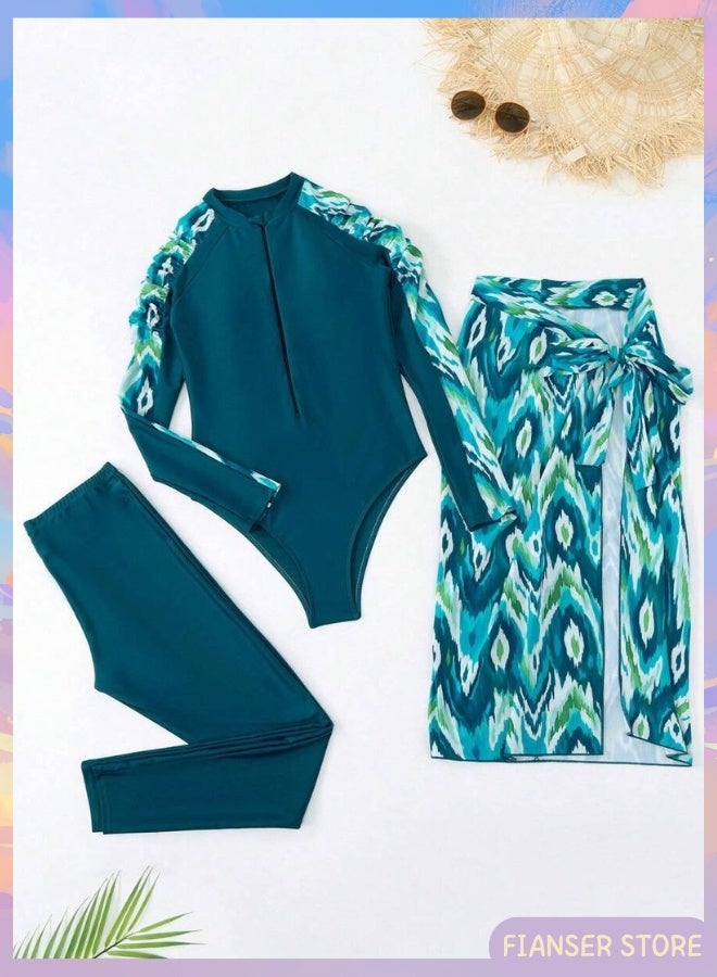 فيانسر بوركيني ملابس سباحة طقم مكوّن من 3 قطع أكمام طويلة مع تنورة ملفوفة تغطية كاملة أزياء محتشمة بطبعة خضراء محتشم إسلامي للمسلمات كلاسيكي ملابس عربية حماية من أشعة الشمس فوق البنفسجية بدلة غوص بدلة ركوب الأمواج سريع الجفاف ملابس شاطئ زي سباحة شيفون بسحاب بنطال طويل مع رباط خصر - Image 5