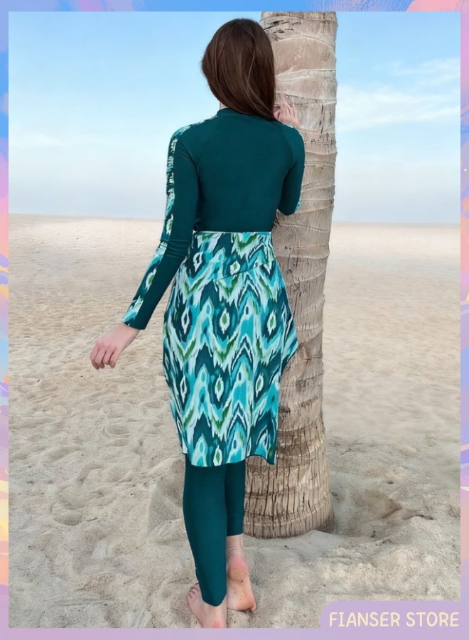 فيانسر بوركيني ملابس سباحة طقم مكوّن من 3 قطع أكمام طويلة مع تنورة ملفوفة تغطية كاملة أزياء محتشمة بطبعة خضراء محتشم إسلامي للمسلمات كلاسيكي ملابس عربية حماية من أشعة الشمس فوق البنفسجية بدلة غوص بدلة ركوب الأمواج سريع الجفاف ملابس شاطئ زي سباحة شيفون بسحاب بنطال طويل مع رباط خصر - Image 4