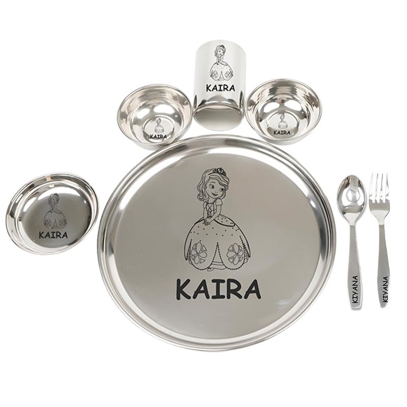 Vorak Ahimsa Personalized Meal Time 7pcs Combo Gift Set | Premium Stainless Steel Customized Plate Glass Fork Spoon Bowls and Sweet Bowl Set | Best Gift for Festival Birthday Boys Girls Kids - Image 1