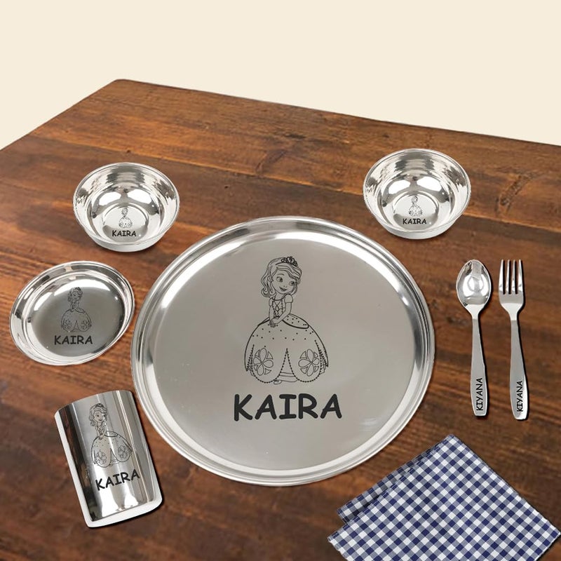 Vorak Ahimsa Personalized Meal Time 7pcs Combo Gift Set | Premium Stainless Steel Customized Plate Glass Fork Spoon Bowls and Sweet Bowl Set | Best Gift for Festival Birthday Boys Girls Kids - Image 3