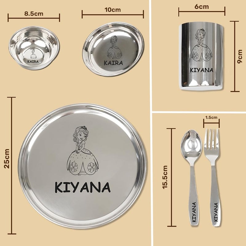 Vorak Ahimsa Personalized Meal Time 7pcs Combo Gift Set | Premium Stainless Steel Customized Plate Glass Fork Spoon Bowls and Sweet Bowl Set | Best Gift for Festival Birthday Boys Girls Kids - Image 4