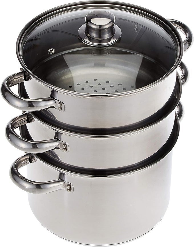 3 FOOD STEAMER PANSTOCK POT FOOD STEAMER 3 TIER INDUCTION SAFE STAINLESS STEEL IN GIFT BOX 22 CM 9 SILVER