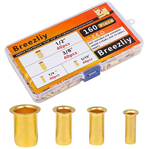Breezliy 160pcs Tube OD(1/4" 5/16'' 3/8" 1/2") Brass Compression Insert,Brass Compression Fitting Assortment Kit, Insert Tube Support Compression Sleeve Fitting - Image 2