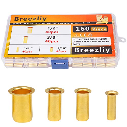 Breezliy 160pcs Tube OD(1/4" 5/16'' 3/8" 1/2") Brass Compression Insert,Brass Compression Fitting Assortment Kit, Insert Tube Support Compression Sleeve Fitting - Image 1