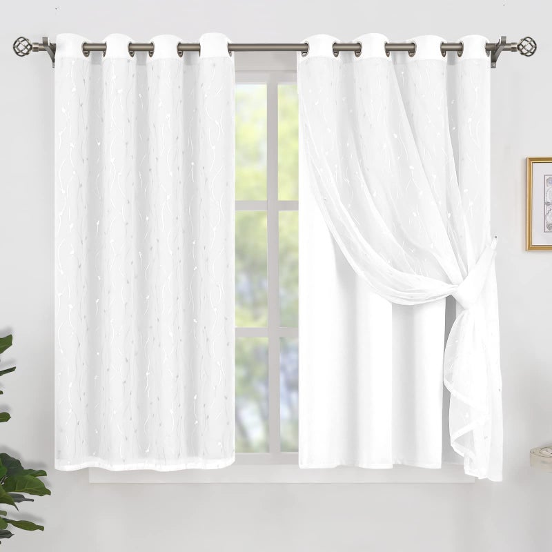 BGment White Blackout Curtains with Sheer Overlay Silver Printed Tulle Double Layer Grommet Thermal Insulated Window Curtains for BedroomLiving Room 2 Panels Each 52 x 63 Inch Pure White
