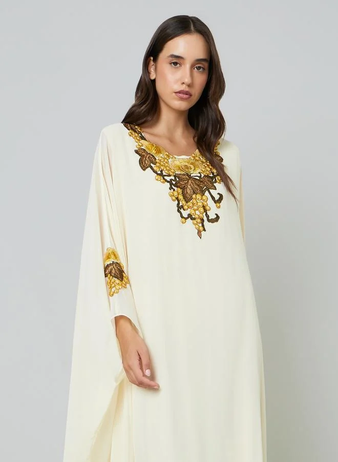 تايك تو Beige Floral Embroidered Kaftan with Hijab