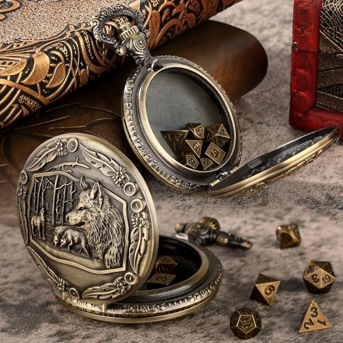 Keller & Weber Mini DND Dice Set with Steampunk Wolf Pocket Watch Shell Case 7pcs Polyhedral Metal DD Dice DND Gifts with Gift Box Role Playing Board Games Accessories - Image 5