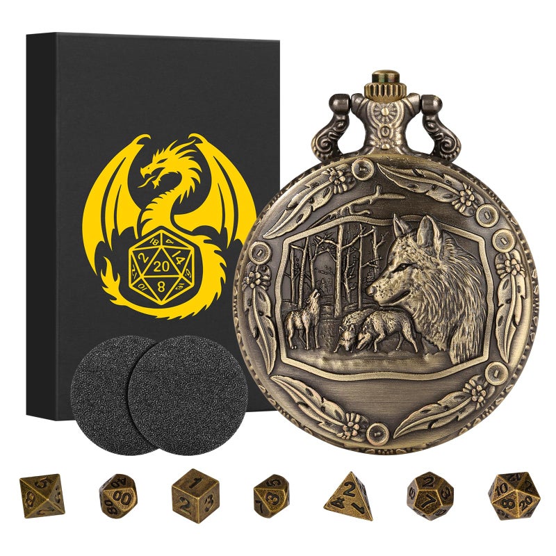 Keller & Weber Mini DND Dice Set with Steampunk Wolf Pocket Watch Shell Case 7pcs Polyhedral Metal DD Dice DND Gifts with Gift Box Role Playing Board Games Accessories - Image 3