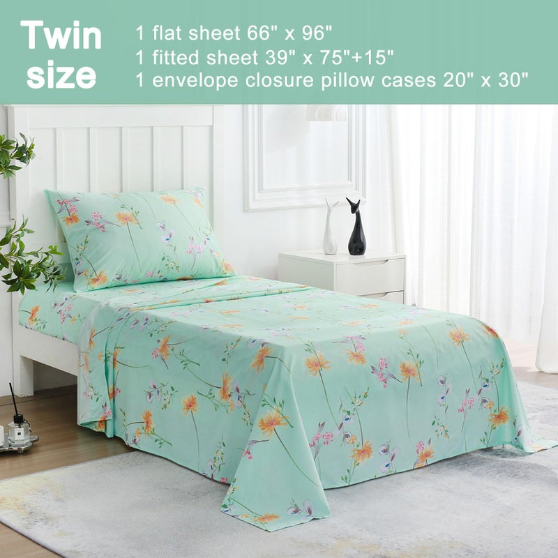 جي اس دي jsd green floral ورقة طباعة مجموعة التوأم الحجم 3 قطعة ألواح ميكروفيات نباتية ناعمة جيب عميق إضافي - Image 2