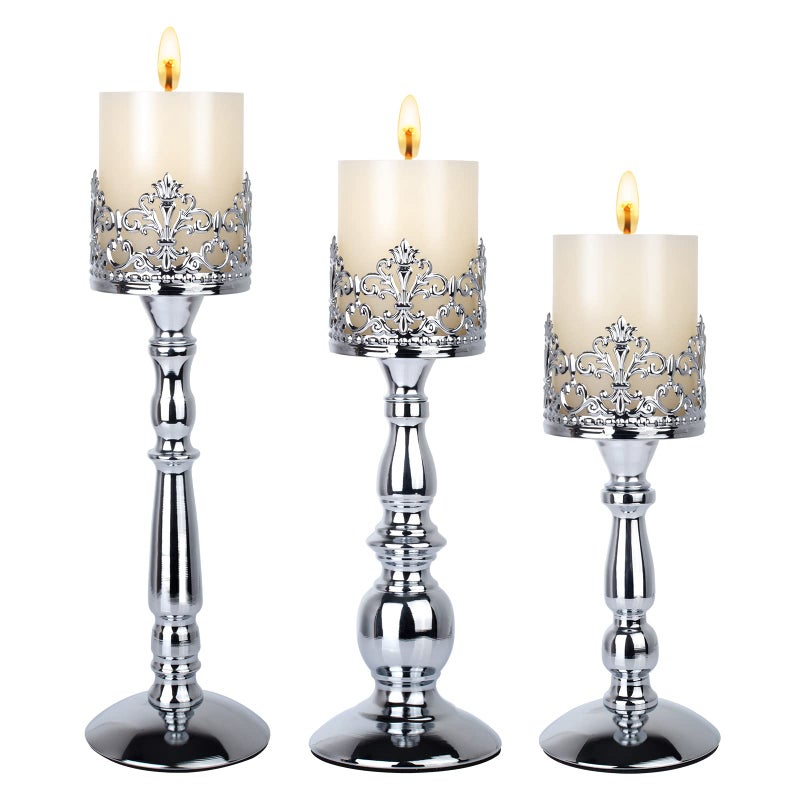 Candle Holders for Pillar Candles Set of 3 Silver Vintage Tall Candle Holders Decorative Large Table Centerpieces Candle Stand Decor