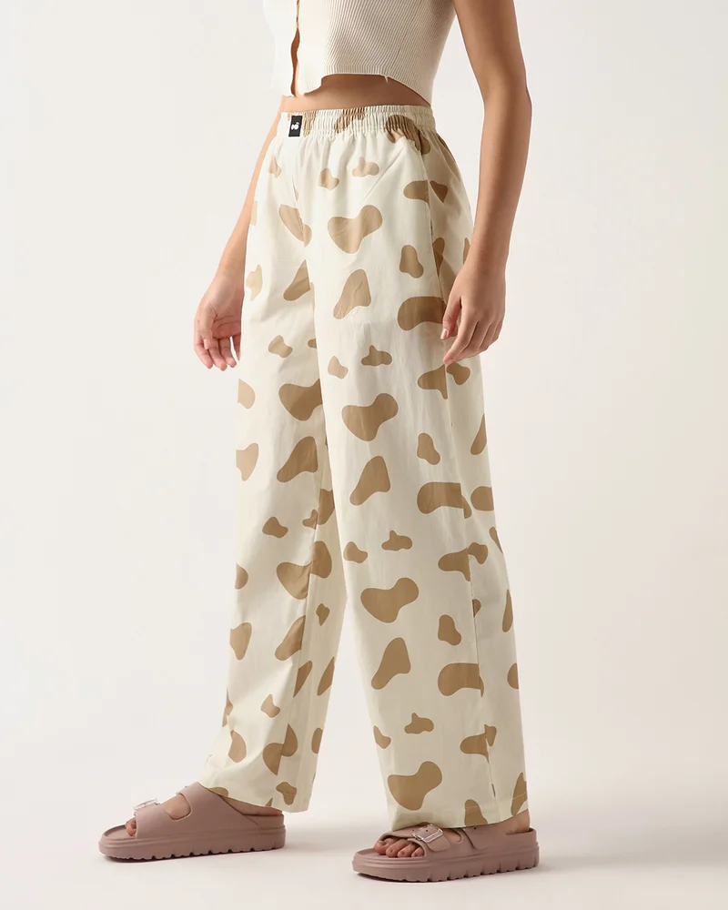 bewakoof Women's Cream All Over Printed Wide Leg Pyjamas