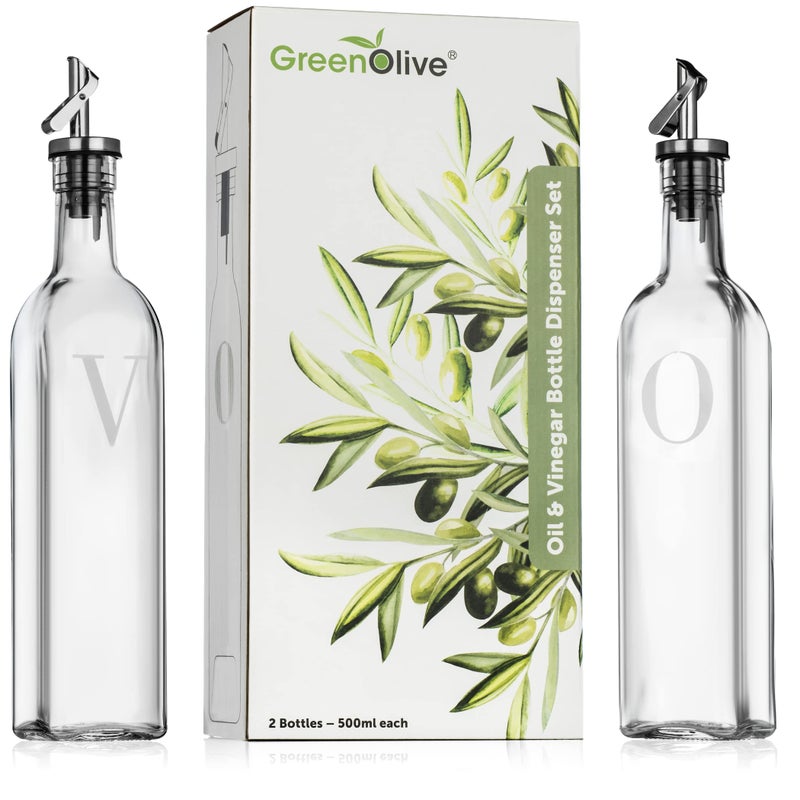 GREENOLIVE Olive Oil and Vinegar Dispenser Set - 17 oz. Glass Bottles with No-Drip BPA-Free Spouts - Stylish O and V Identifiers for Kitchen and Dining Use - Set of 2 - Image 5