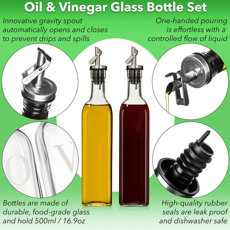 GREENOLIVE Olive Oil and Vinegar Dispenser Set - 17 oz. Glass Bottles with No-Drip BPA-Free Spouts - Stylish O and V Identifiers for Kitchen and Dining Use - Set of 2 - Image 2