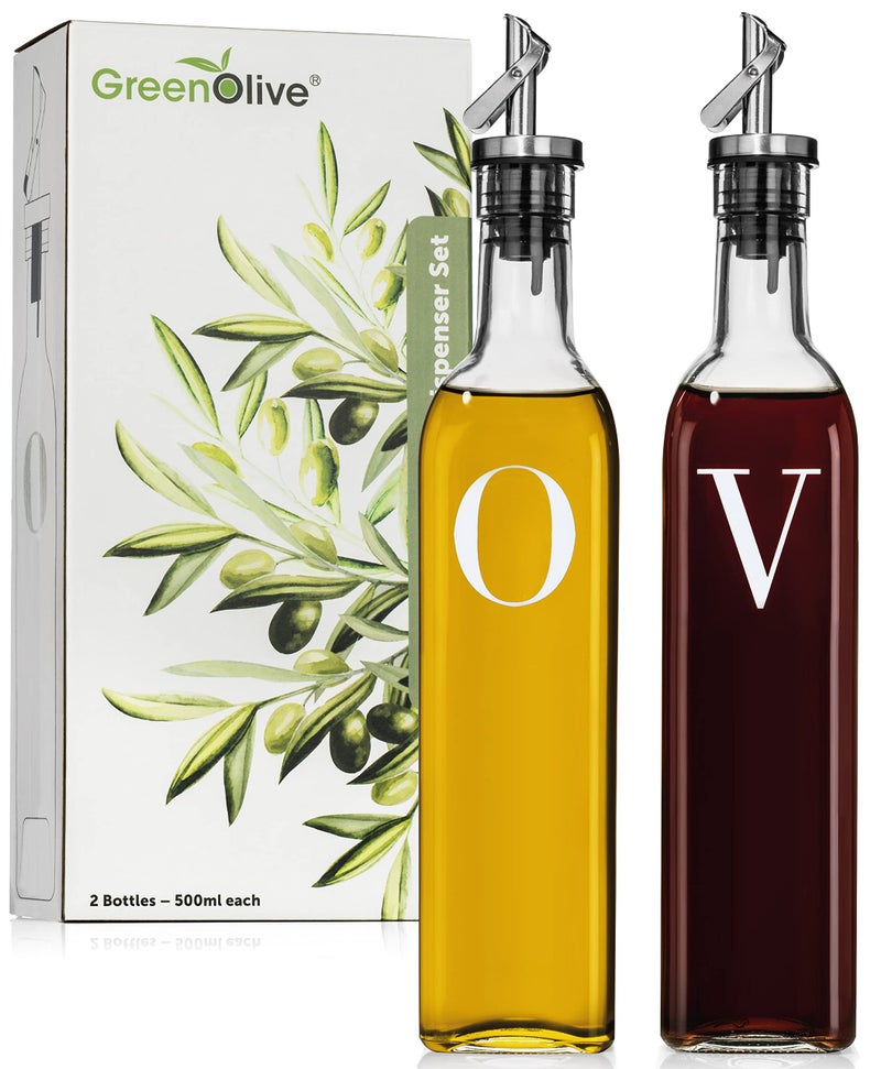 GREENOLIVE Olive Oil and Vinegar Dispenser Set - 17 oz. Glass Bottles with No-Drip BPA-Free Spouts - Stylish O and V Identifiers for Kitchen and Dining Use - Set of 2 - Image 1