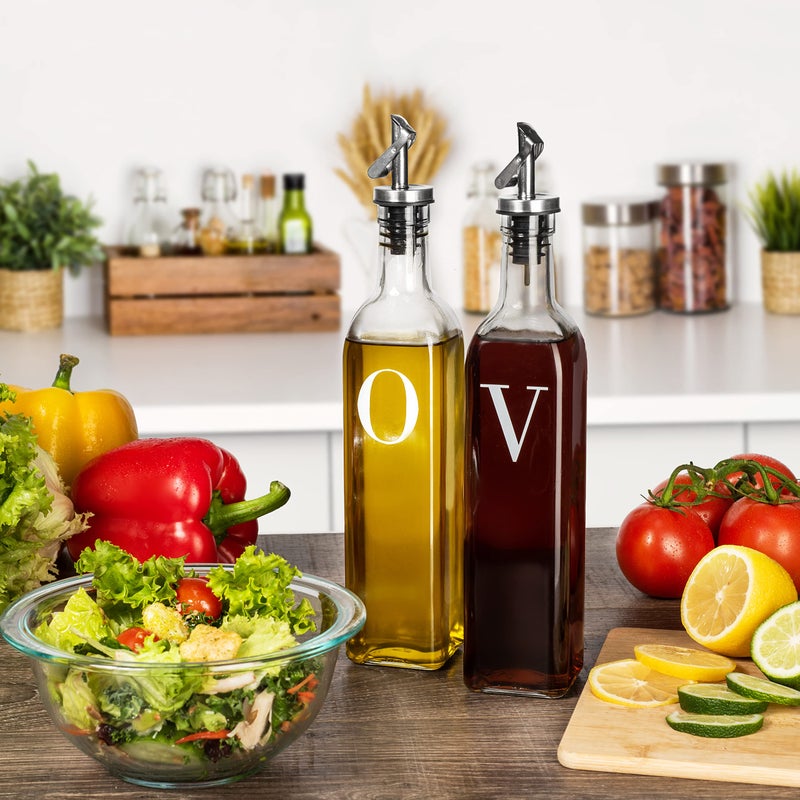 GREENOLIVE Olive Oil and Vinegar Dispenser Set - 17 oz. Glass Bottles with No-Drip BPA-Free Spouts - Stylish O and V Identifiers for Kitchen and Dining Use - Set of 2 - Image 3