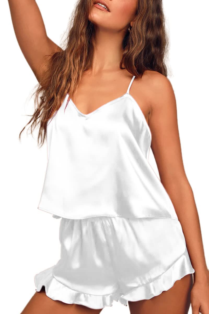 Ekouaer Satin Pajama Set for Women Silk Pjs for Women Set Camisole Top and Shorts with Ruffle Sleepwear White - Image 1
