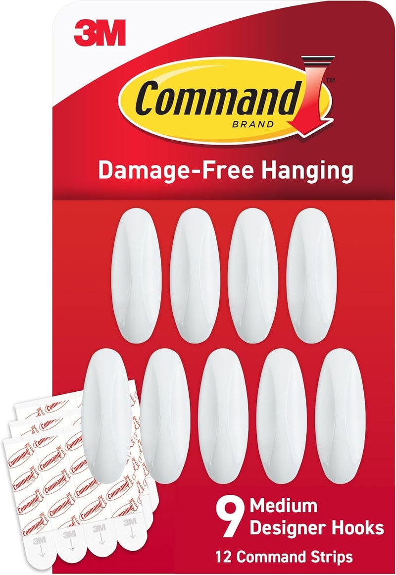 Command Medium Designer Hooks, White, 9-Hooks, 12-Strips, Organize & Decorate Damage-Free - Image 1