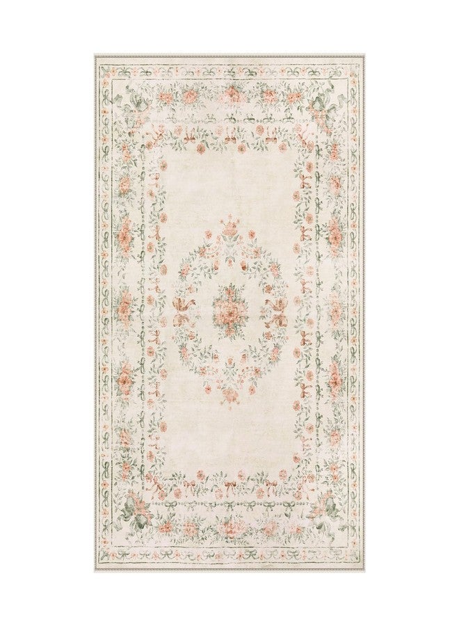 Wonnitar Floral Bow Washable Area Rug 5x7, Ultra-Thin Beige Rugs for Bedroom, Boho Non Shedding Neutral Soft Carpet for Nursey Kids Room Dorm Living Room, Beige - Image 2