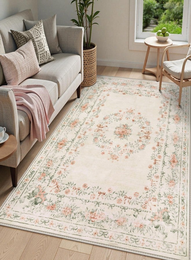 Wonnitar Floral Bow Washable Area Rug 5x7, Ultra-Thin Beige Rugs for Bedroom, Boho Non Shedding Neutral Soft Carpet for Nursey Kids Room Dorm Living Room, Beige - Image 1