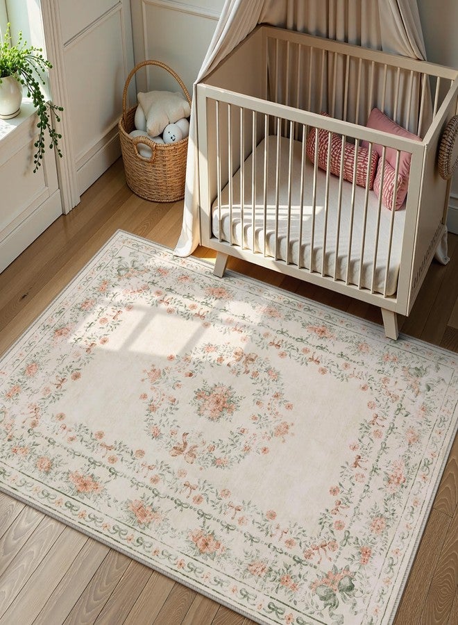 Wonnitar Floral Bow Washable Area Rug 5x7, Ultra-Thin Beige Rugs for Bedroom, Boho Non Shedding Neutral Soft Carpet for Nursey Kids Room Dorm Living Room, Beige - Image 3