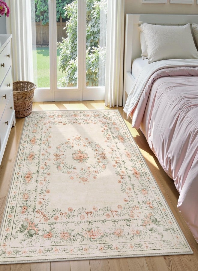 Wonnitar Floral Bow Washable Area Rug 5x7, Ultra-Thin Beige Rugs for Bedroom, Boho Non Shedding Neutral Soft Carpet for Nursey Kids Room Dorm Living Room, Beige - Image 4