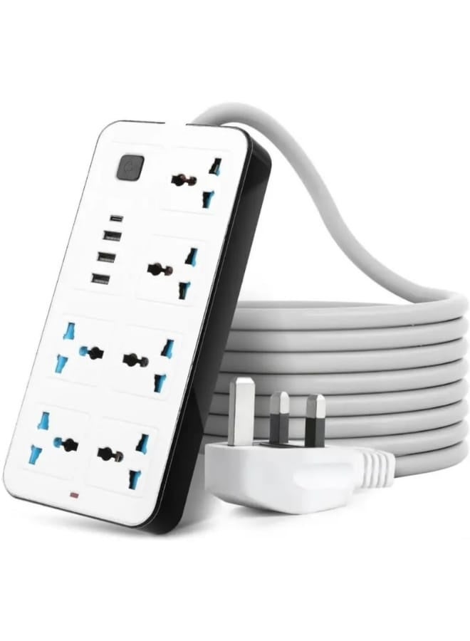 Rahnial 3 Meter Extension Lead with UK Plug, 6 Gang 3 Pin Socket, 3 USB Ports & Type-C Fast Charging, Universal Power Strip Electric Socket for Home, Office & Kitchen - 3M - Image 1
