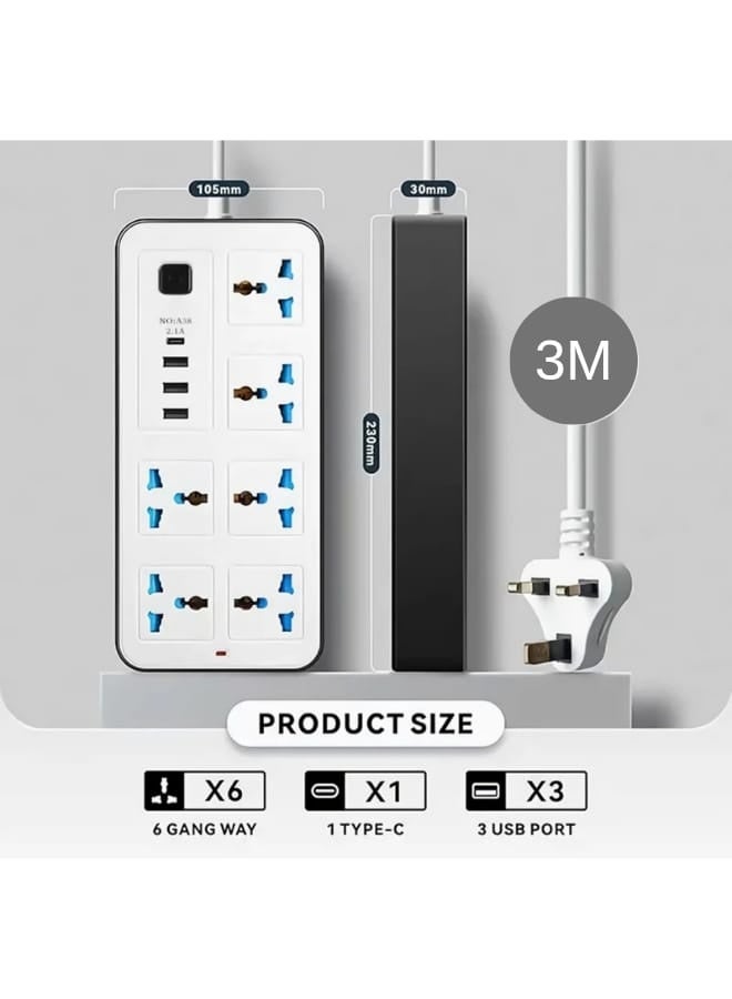 Rahnial 3 Meter Extension Lead with UK Plug, 6 Gang 3 Pin Socket, 3 USB Ports & Type-C Fast Charging, Universal Power Strip Electric Socket for Home, Office & Kitchen - 3M - Image 3