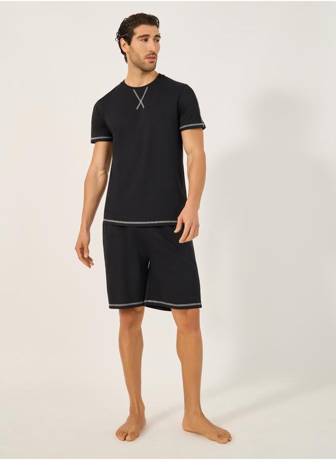 Styli Contrast Stitch Crew Neck T-Shirt and Shorts Pyjama Set  - Image 1