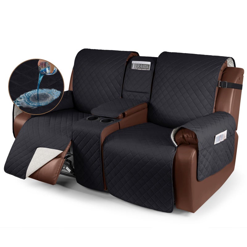 KinCam 100 Waterproof Recliner Loveseat Cover with Console NonSlip Reclining Couch Covers for 2 Seat Recliner Sofa Cover Furniture Protector with Elastic Straps for Kids Pets Black