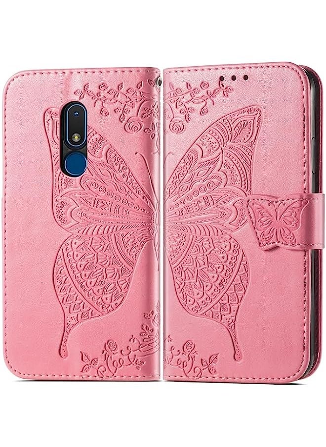 HuHa - HuHa Case Cover Compatible For Nokia C3 Butterfly Love Flower Embossed Leather Phone Case Pink - Image 1