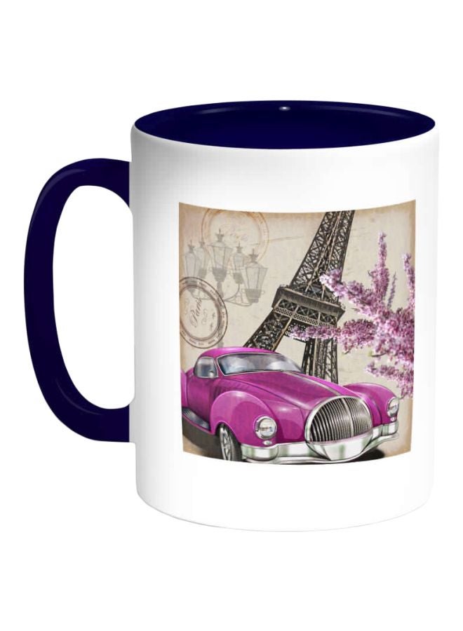 RYN Classic Car Paris Printed Ceramic Coffee Mug White/Blue/Pink 11ounce