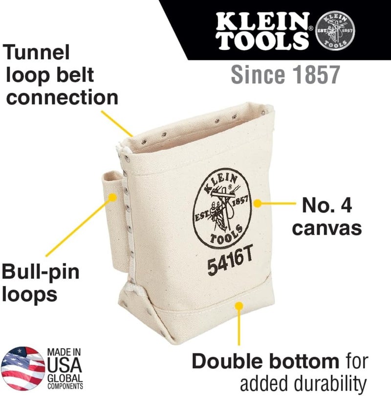 Klein Tools 5416T Tool Bag - Bull-Pin and Bolt Pouch, Durable No. 4 Canvas with Tunnel Connection, 5 x 10 x 9-Inch - Image 2
