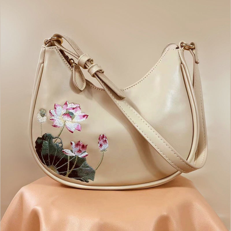 Authentic Embroidered Leather Handbag for Women Lotus 