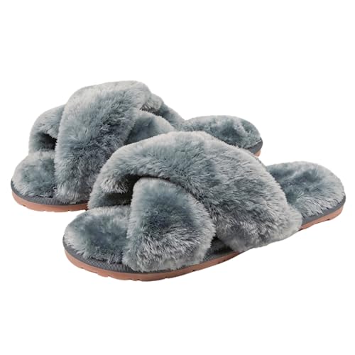 Crazy Lady Women's Fuzzy Fluffy House Slippers Cute Plush Memory Foam Shoes Cross Band Indoor Outdoor Open Toe Sandals(06/Grey, 7-8) - Image 1