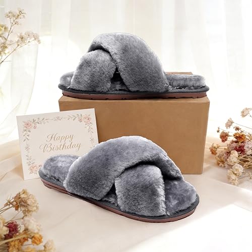 Crazy Lady Women's Fuzzy Fluffy House Slippers Cute Plush Memory Foam Shoes Cross Band Indoor Outdoor Open Toe Sandals(06/Grey, 7-8) - Image 3